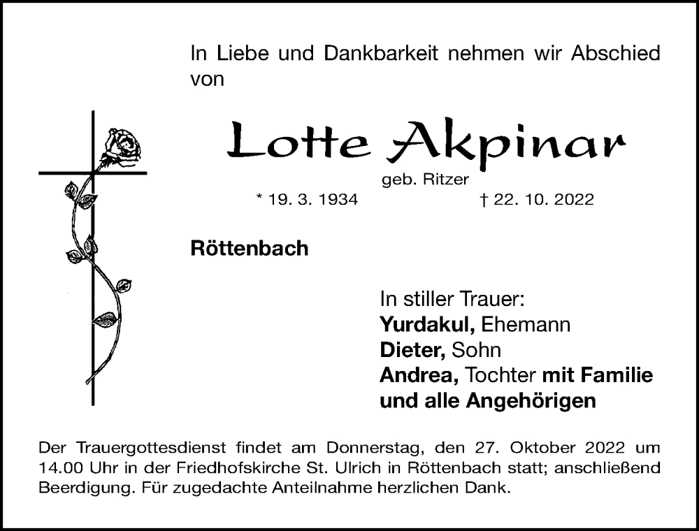  Traueranzeige für Lotte Akpinar vom 26.10.2022 aus Roth-Hilpoltsteiner Volkszeitung Lokal