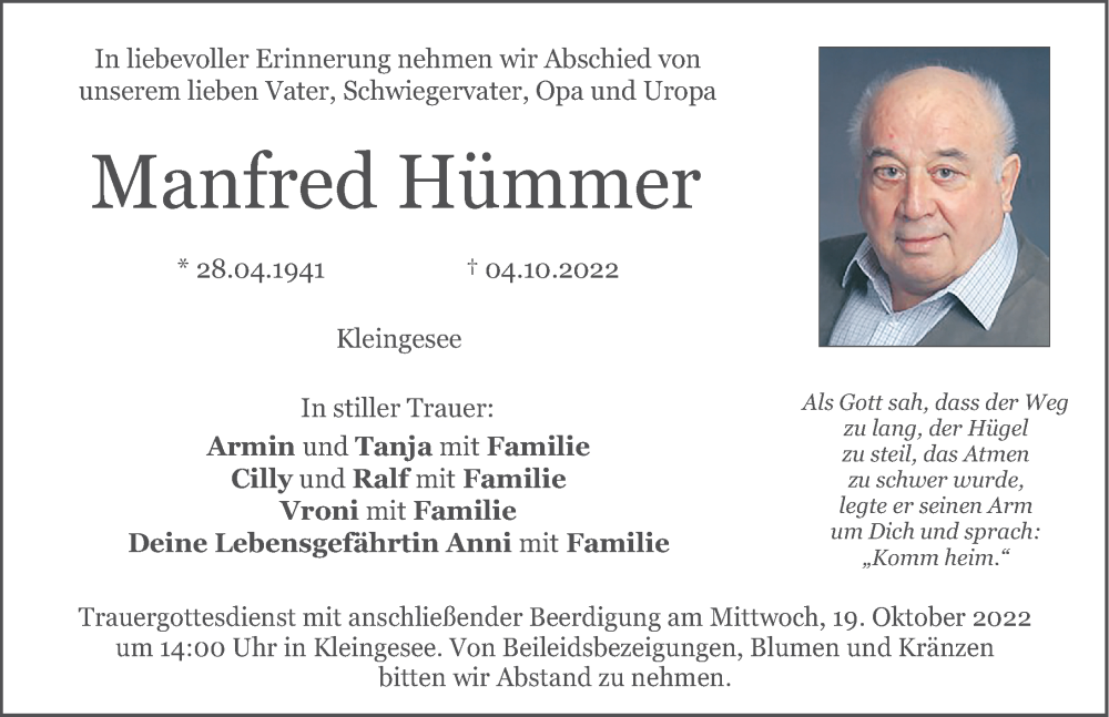  Traueranzeige für Manfred Hümmer vom 15.10.2022 aus Nordbayerische Nachrichten Forchheim Lokal