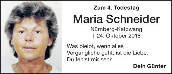 Traueranzeige von Maria Schneider von Schwabacher Tagblatt Lokal