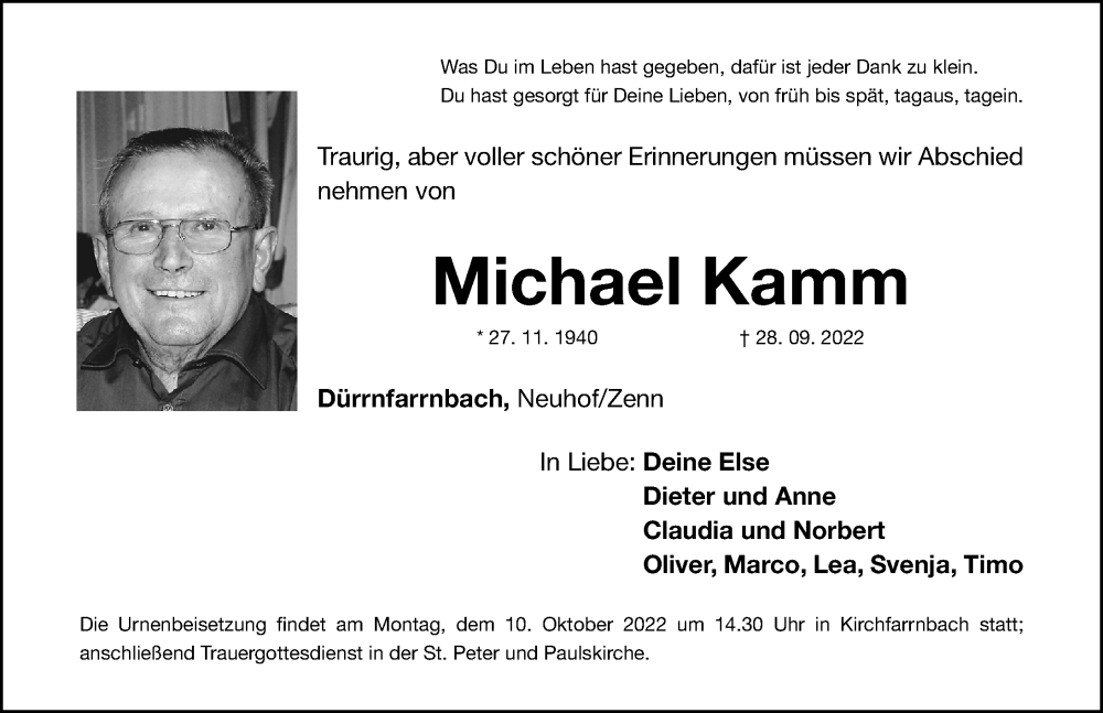  Traueranzeige für Michael Kamm vom 06.10.2022 aus Fürther Nachrichten Lokal