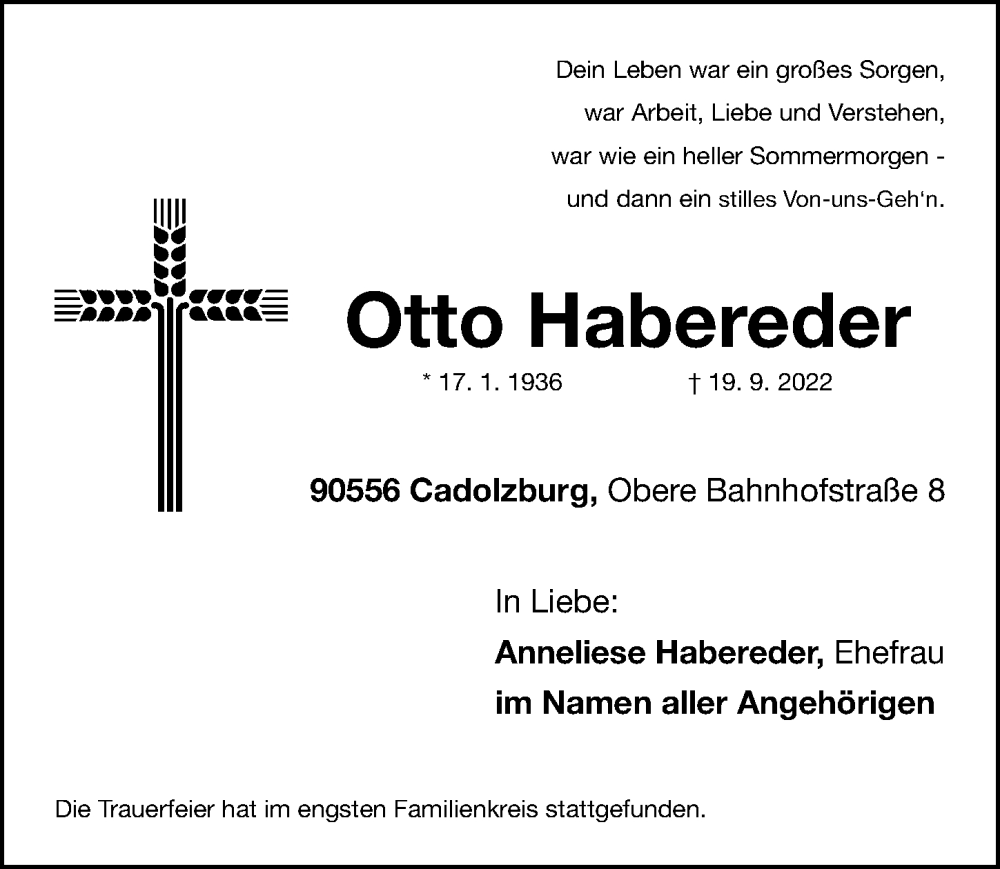  Traueranzeige für Otto Habereder vom 15.10.2022 aus Fürther Nachrichten Lokal
