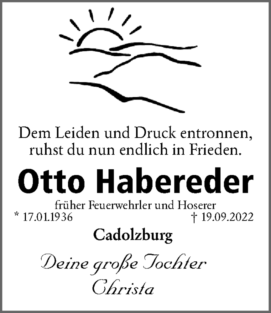  Traueranzeige für Otto Habereder vom 08.10.2022 aus Fürther Nachrichten Lokal