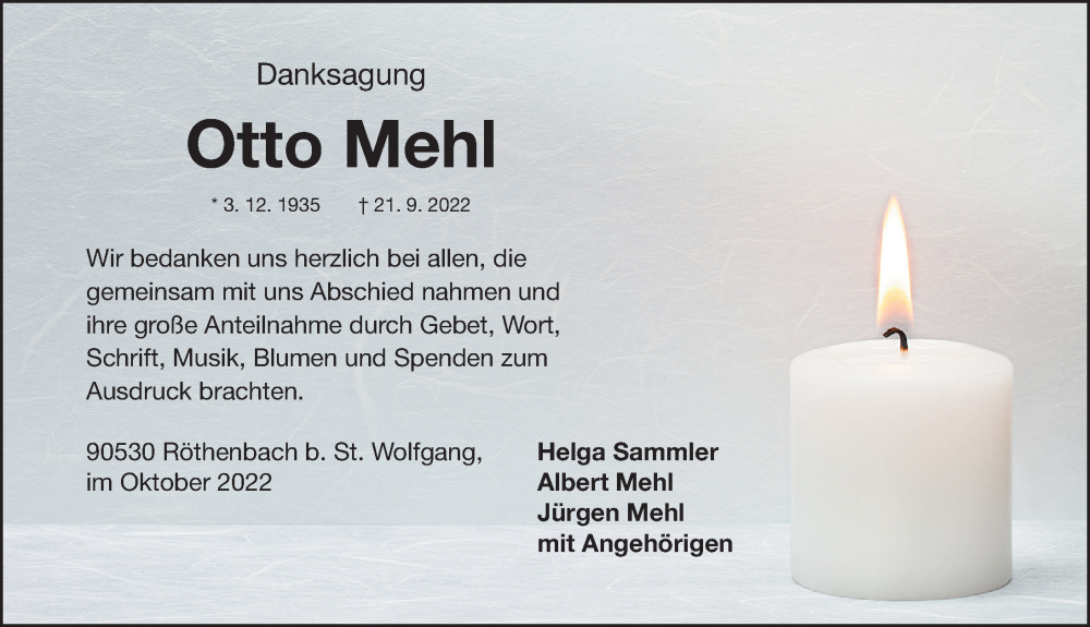  Traueranzeige für Otto Mehl vom 08.10.2022 aus Gesamtausgabe Nürnberger Nachrichten/ Nürnberger Ztg./ Schwabach