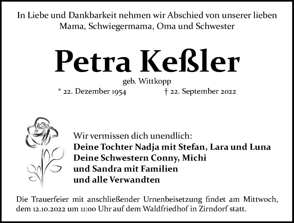  Traueranzeige für Petra Keßler vom 08.10.2022 aus Fürther Nachrichten Lokal