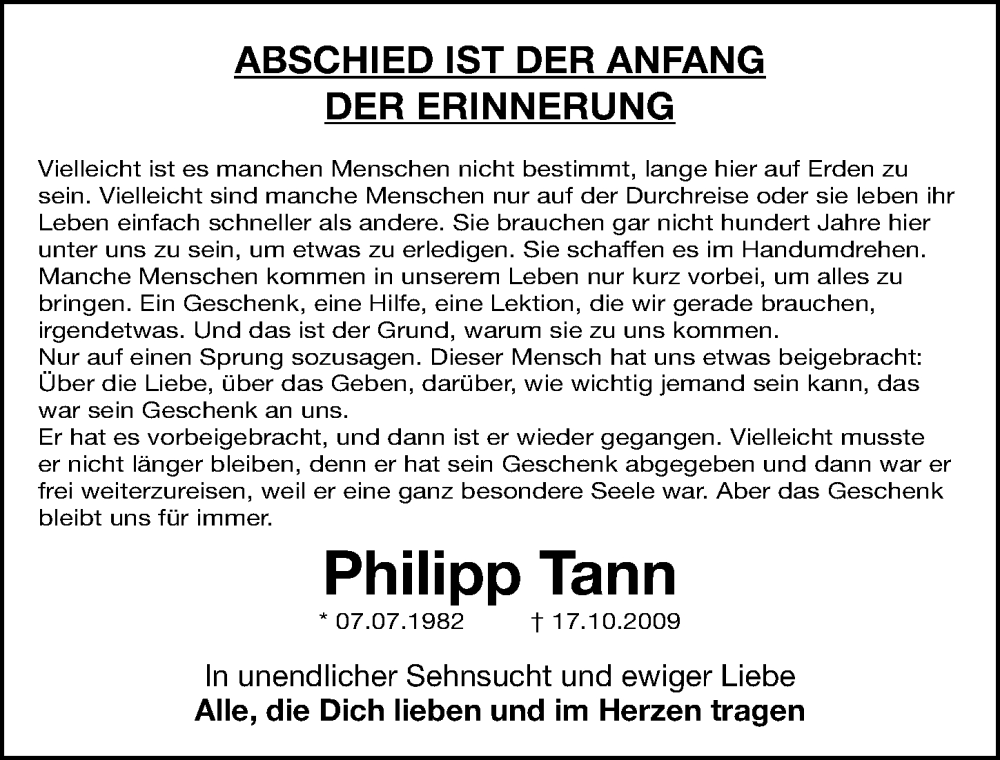  Traueranzeige für Philipp Tann vom 17.10.2022 aus Gesamtausgabe Nürnberger Nachrichten/ Nürnberger Ztg.