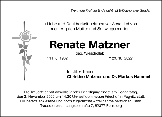 Traueranzeige von Renate Matzner von Nordbayerische Nachrichten Pegnitz Lokal