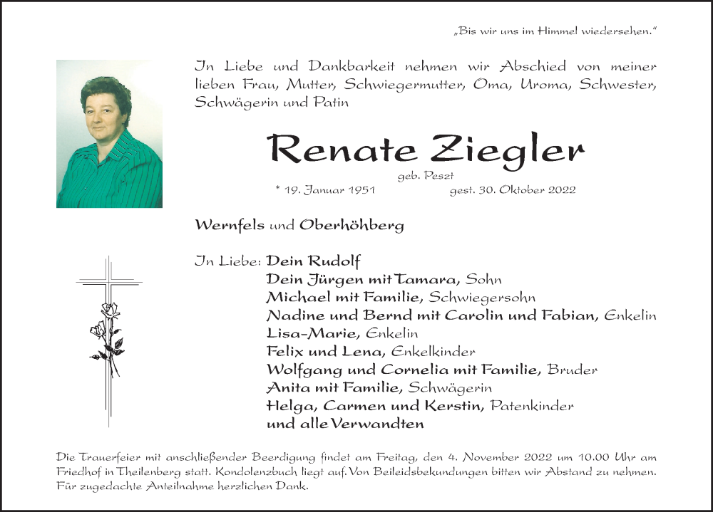  Traueranzeige für Renate Ziegler vom 01.11.2022 aus Altmühl-Bote Lokal/ Roth-Hilpoltsteiner Volkszeitung