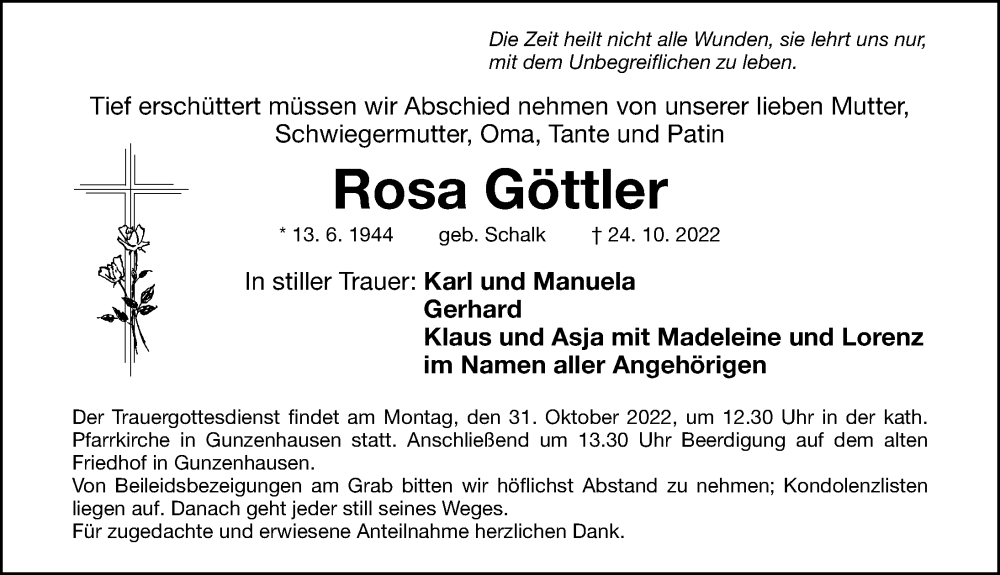  Traueranzeige für Rosa Göttler vom 29.10.2022 aus Altmühl-Bote Lokal