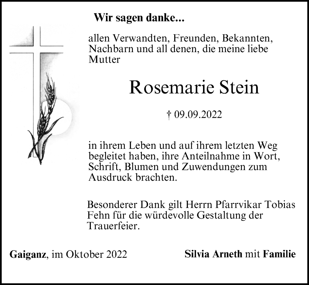  Traueranzeige für Rosemarie Stein vom 08.10.2022 aus Nordbayerische Nachrichten Forchheim Lokal
