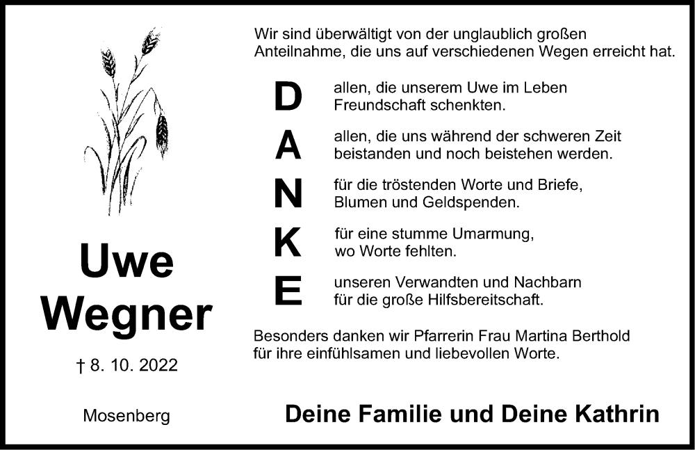  Traueranzeige für Uwe Wegner vom 22.10.2022 aus Nordbayerische Nachrichten Pegnitz Lokal