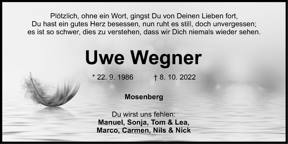  Traueranzeige für Uwe Wegner vom 15.10.2022 aus Nordbayerische Nachrichten Pegnitz Lokal