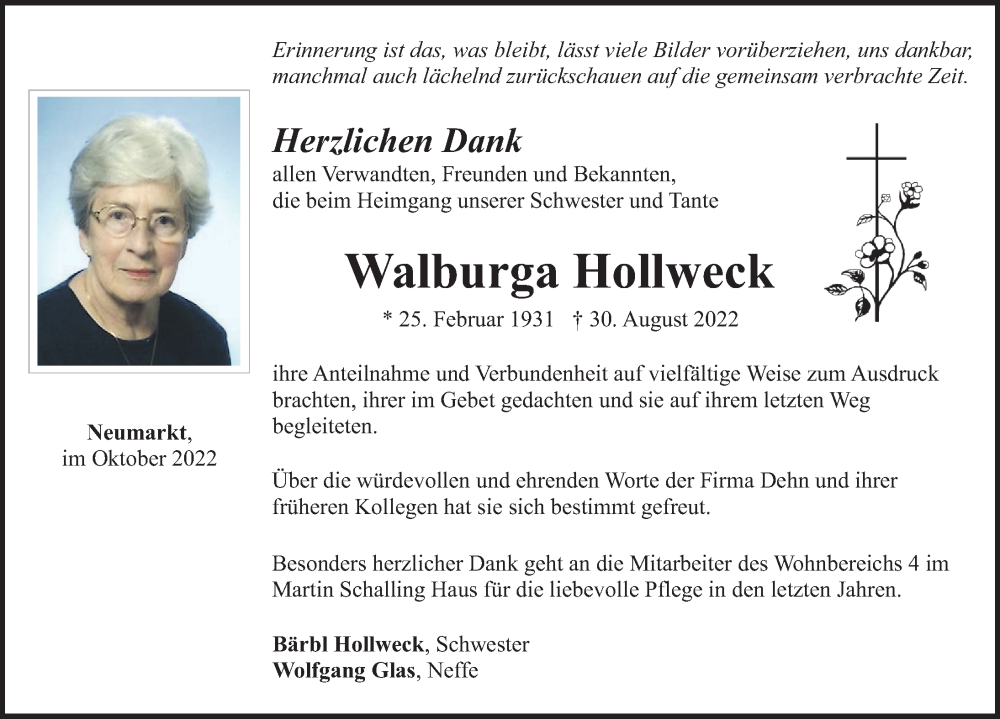  Traueranzeige für Walburga Hollweck vom 08.10.2022 aus Neumarkter Nachrichten Lokal