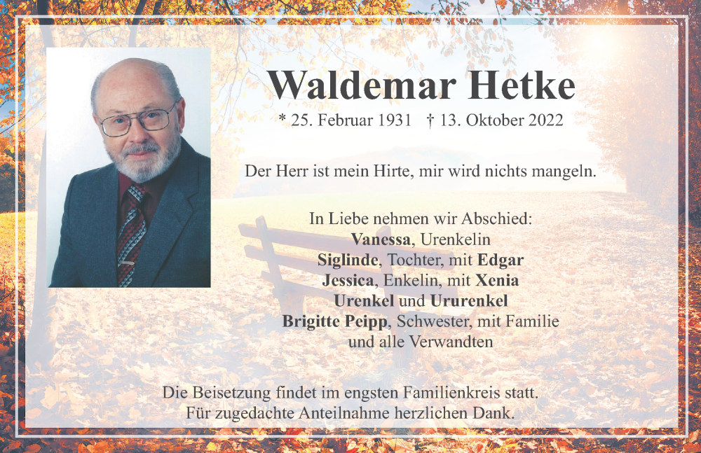  Traueranzeige für Waldemar Hetke vom 15.10.2022 aus Neumarkter Nachrichten Lokal