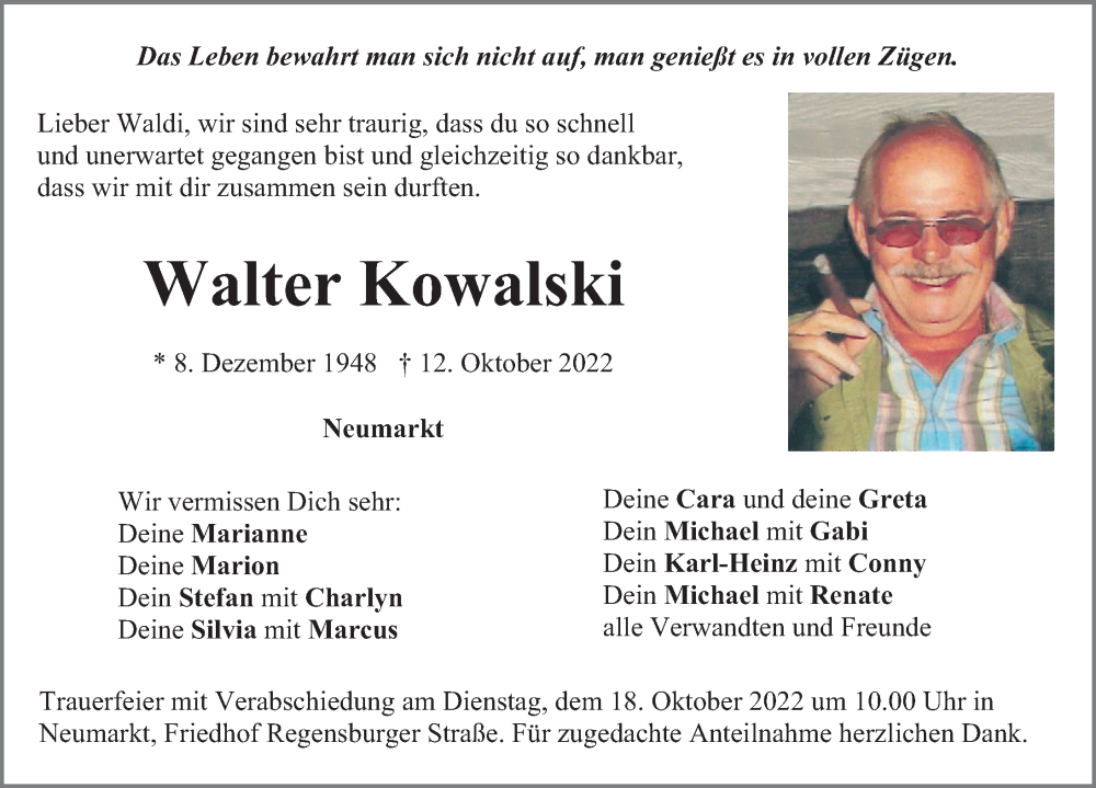  Traueranzeige für Walter Kowalski vom 15.10.2022 aus Neumarkter Nachrichten Lokal