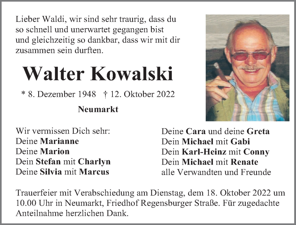  Traueranzeige für Walter Kowalski vom 15.10.2022 aus Gesamtausgabe Nürnberger Nachrichten/ Nürnberger Ztg.