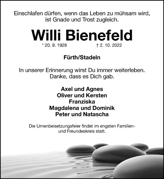Traueranzeige von Willi Bienefeld von Fürther Nachrichten Lokal