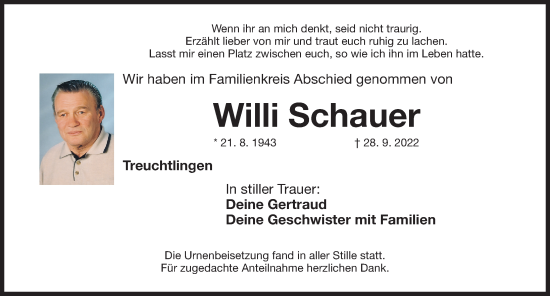 Traueranzeige von Willi Schauer von Weißenburger Tagblatt u.Treuchtlinger Kurier Lokal