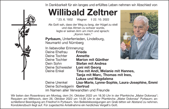Traueranzeige von Willibald Zeltner von Neumarkter Nachrichten Lokal