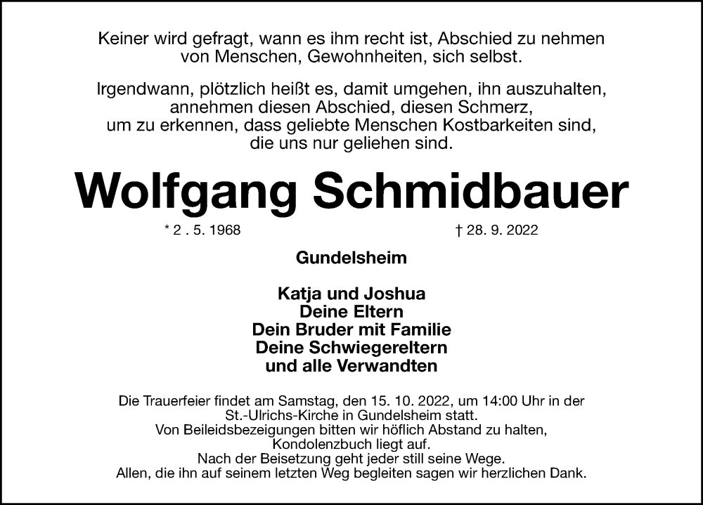  Traueranzeige für Wolfgang Schmidbauer vom 12.10.2022 aus Altmühl-Bote Lokal/ Weißenburger Tagblatt