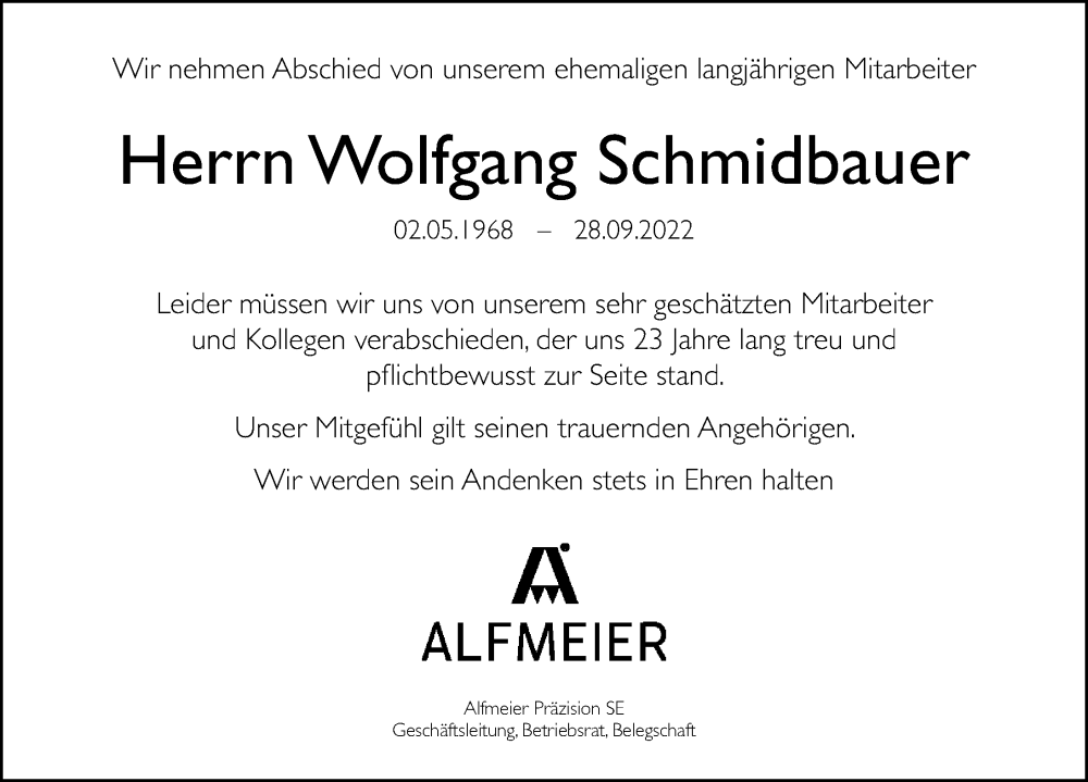  Traueranzeige für Wolfgang Schmidbauer vom 12.10.2022 aus Weißenburger Tagblatt u.Treuchtlinger Kurier Lokal