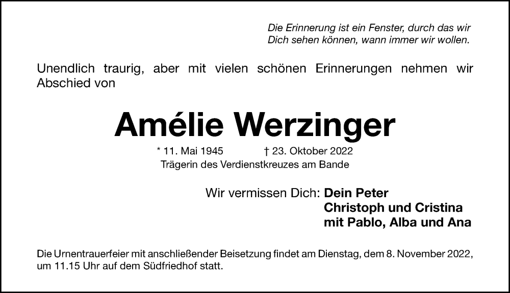  Traueranzeige für Amélie Werzinger vom 05.11.2022 aus Gesamtausgabe Nürnberger Nachrichten/ Nürnberger Ztg.