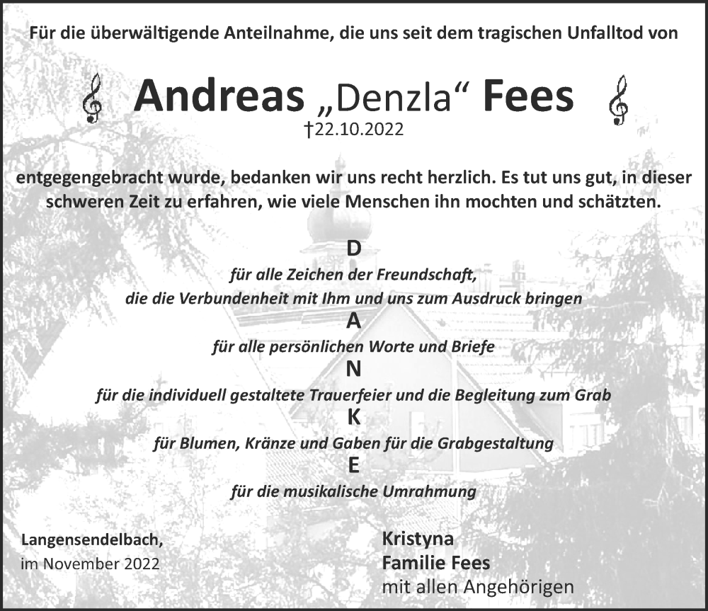  Traueranzeige für Andreas Fees vom 12.11.2022 aus Erlanger Nachrichten Lokal