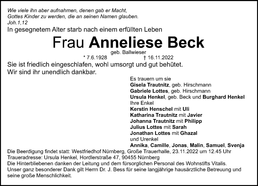 Traueranzeigen von Anneliese Beck | trauer.nn.de