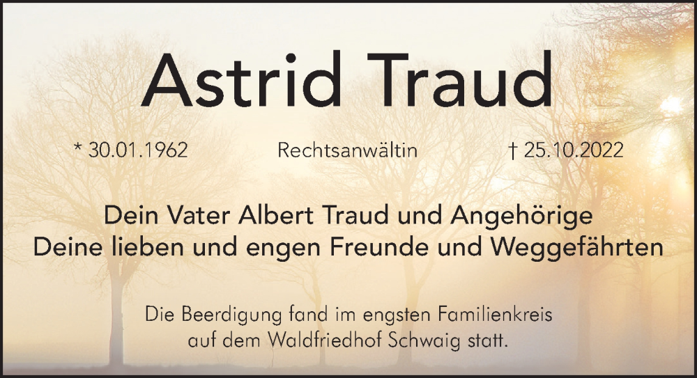  Traueranzeige für Astrid Traud vom 05.11.2022 aus Gesamtausgabe Nürnberger Nachrichten/ Nürnberger Ztg.