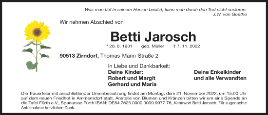 Traueranzeige von Betti Jarosch von Fürther Nachrichten Lokal