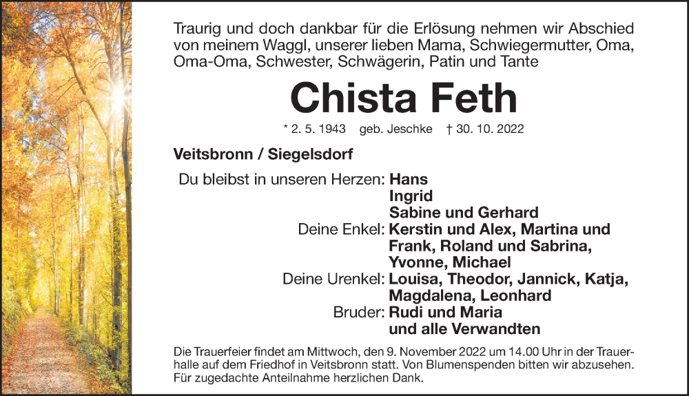  Traueranzeige für Christa Feth vom 05.11.2022 aus Fürther Nachrichten Lokal