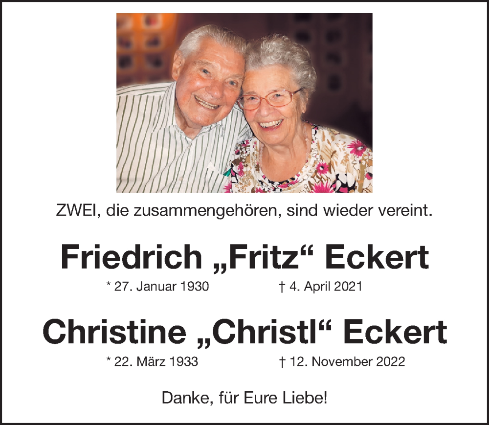  Traueranzeige für Christine Eckert vom 19.11.2022 aus Gesamtausgabe Nürnberger Nachrichten/ Nürnberger Ztg.