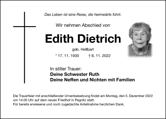 Traueranzeige von Edith Dietrich von Nordbayerische Nachrichten Pegnitz Lokal