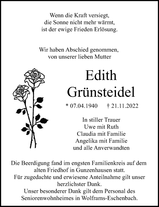 Traueranzeige von Edith Grünsteidel von Altmühl-Bote Lokal