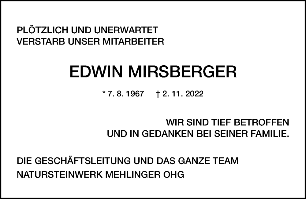  Traueranzeige für Edwin  Mirsberger vom 12.11.2022 aus Erlanger Nachrichten Lokal