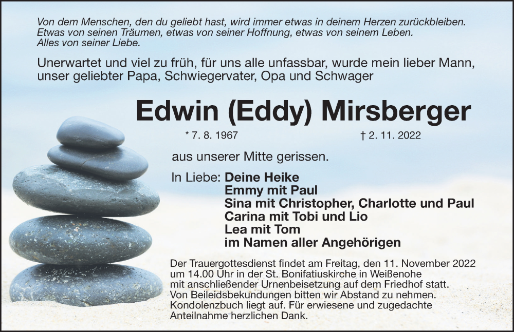  Traueranzeige für Edwin  Mirsberger vom 09.11.2022 aus Nordbayerische Nachrichten Forchheim Lokal