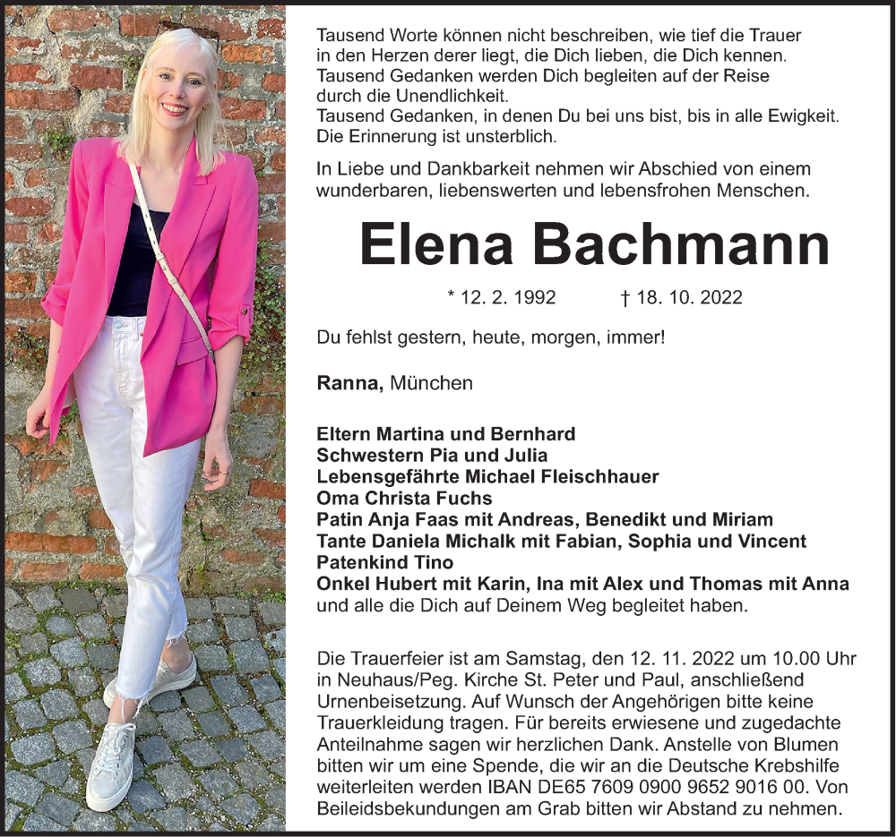  Traueranzeige für Elena Bachmann vom 05.11.2022 aus Nordbayerische Nachrichten Pegnitz Lokal