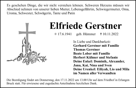 Traueranzeige von Elfriede Gerstner von Erlanger Nachrichten Lokal
