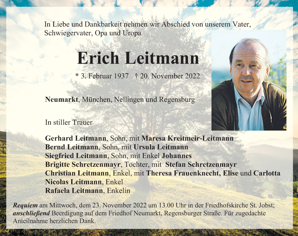  Traueranzeige für Erich Leitmann vom 22.11.2022 aus Neumarkter Nachrichten Lokal
