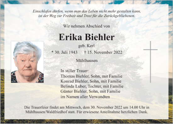 Traueranzeige von Erika Biehler von Neumarkter Nachrichten Lokal