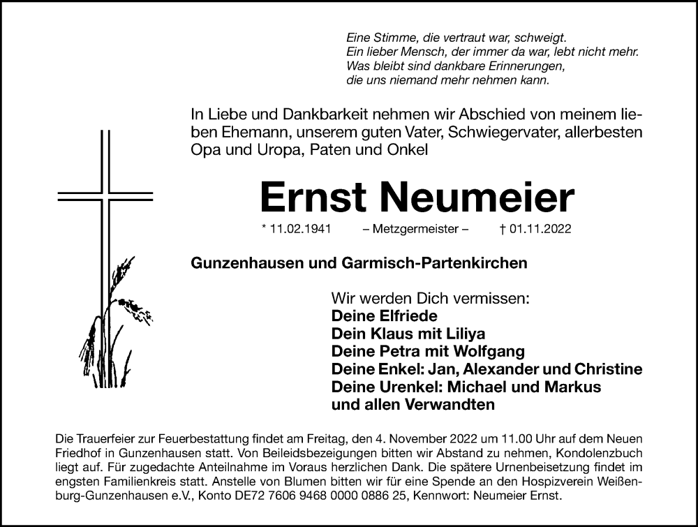  Traueranzeige für Ernst Neumeier vom 03.11.2022 aus Altmühl-Bote Lokal