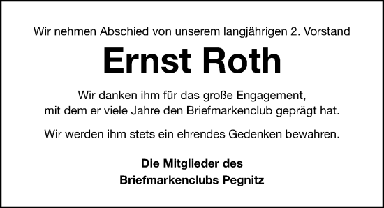 Traueranzeige von Ernst Roth von Nordbayerische Nachrichten Pegnitz Lokal