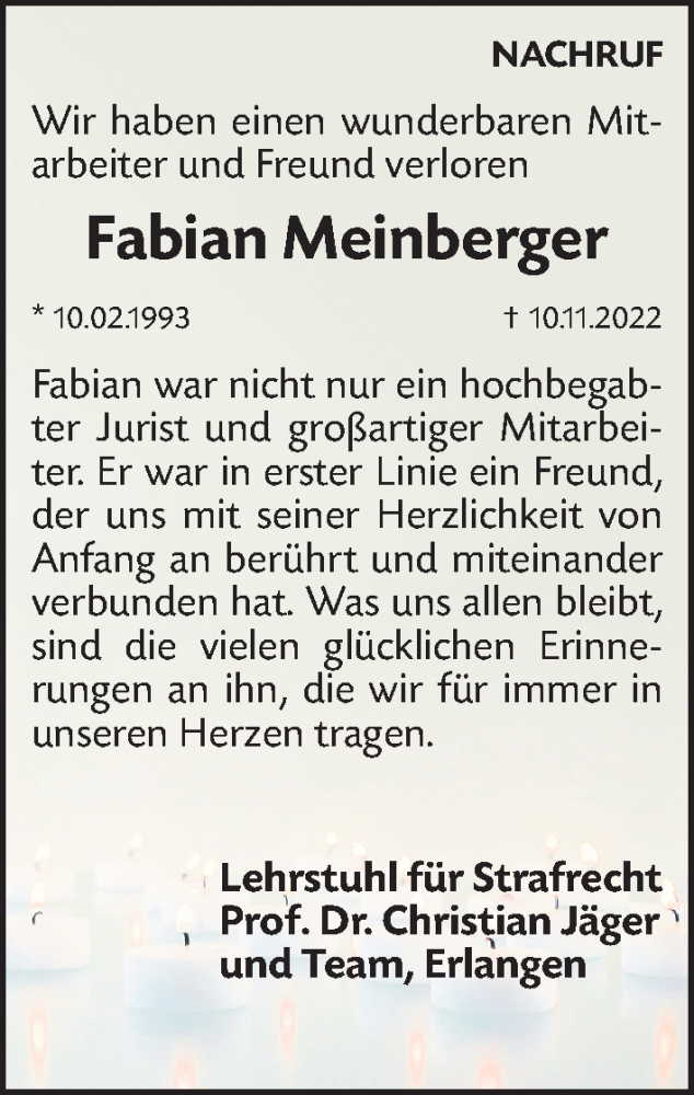  Traueranzeige für Fabian Meinberger vom 23.11.2022 aus Gesamtausgabe Nürnberger Nachrichten/ Nürnberger Ztg.