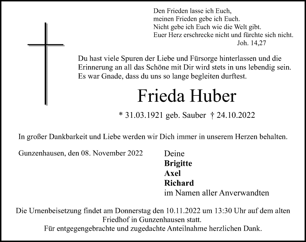  Traueranzeige für Frieda Huber vom 08.11.2022 aus Altmühl-Bote Lokal