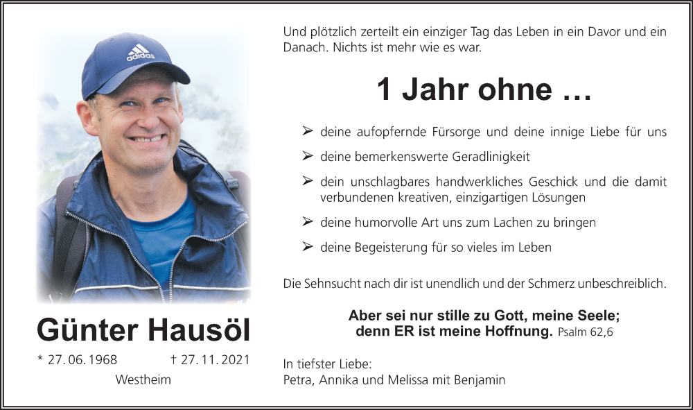  Traueranzeige für Günter Hausöl vom 26.11.2022 aus Altmühl-Bote Lokal