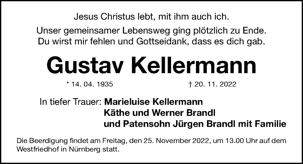  Traueranzeige für Gustav Kellermann vom 24.11.2022 aus Gesamtausgabe Nürnberger Nachrichten/ Nürnberger Ztg.