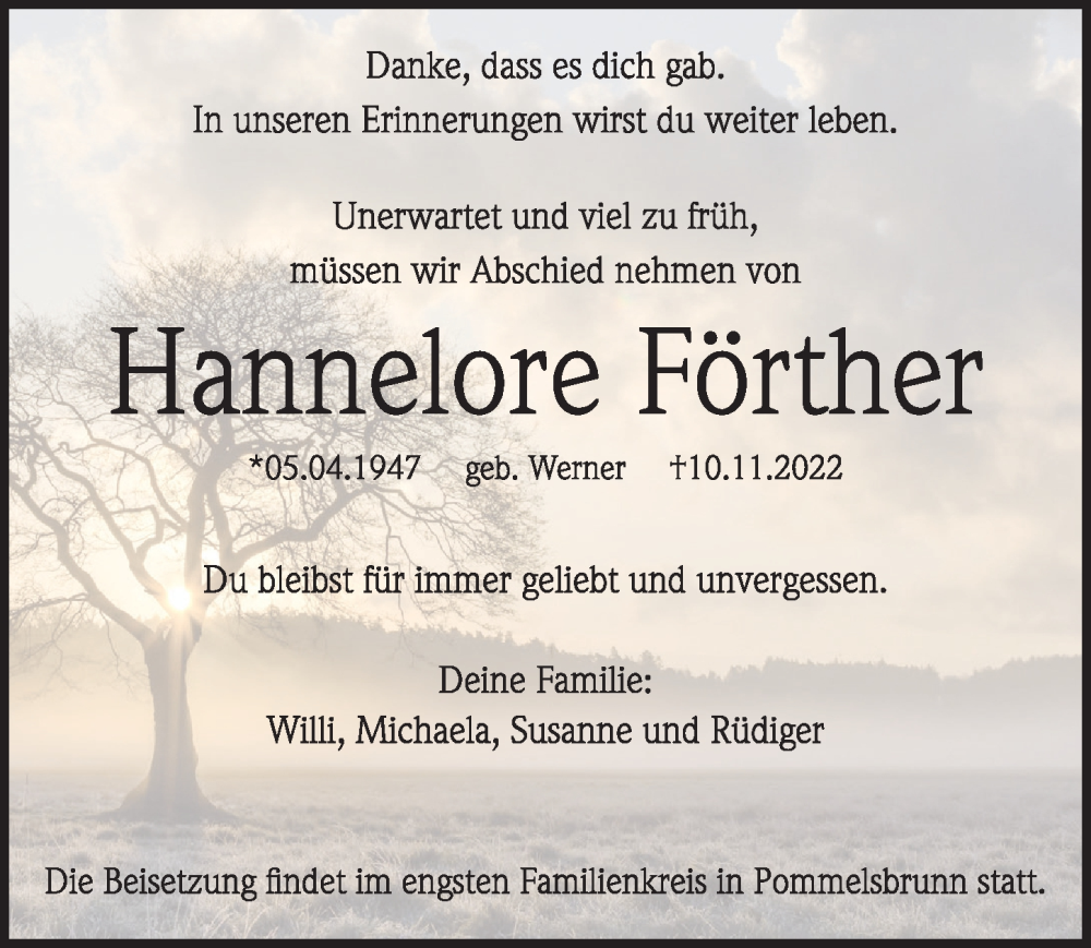 Traueranzeige für Hannelore Förther vom 19.11.2022 aus Hersbrucker Zeitung Lokal