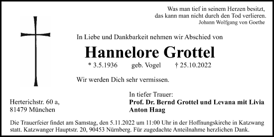 Traueranzeige von Hannelore Grottel von Gesamtausgabe Nürnberger Nachrichten/ Nürnberger Ztg.