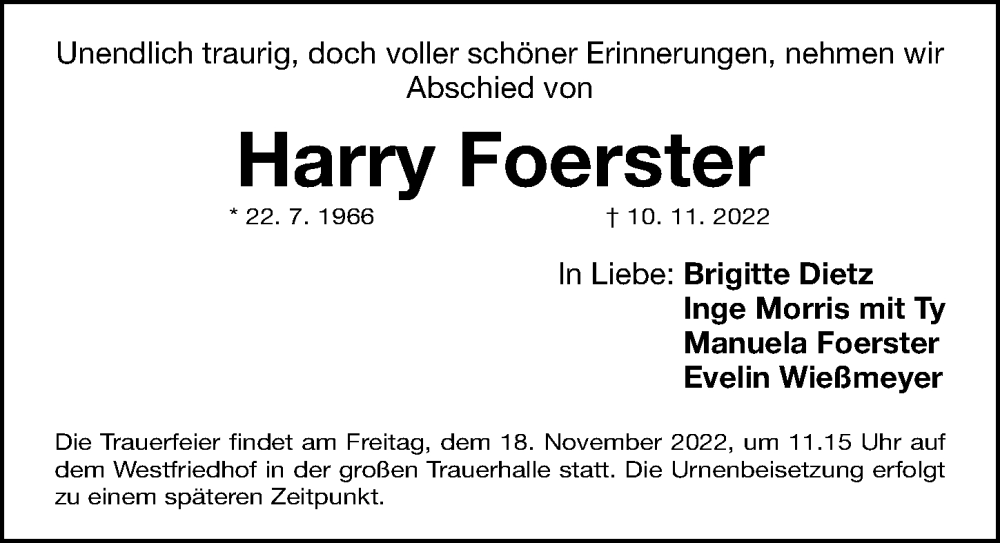  Traueranzeige für Harry Foerster vom 16.11.2022 aus Gesamtausgabe Nürnberger Nachrichten/ Nürnberger Ztg.