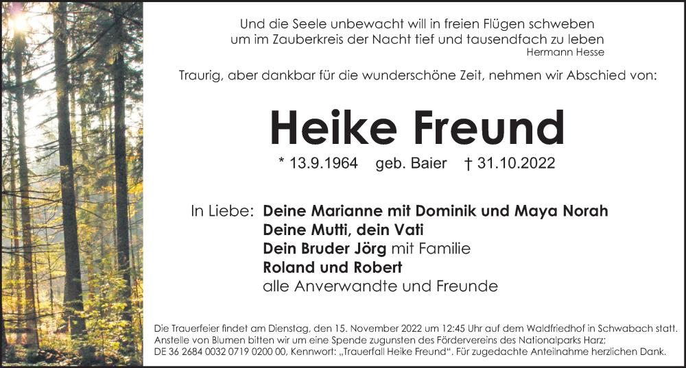  Traueranzeige für Heike Freund vom 12.11.2022 aus Schwabacher Tagblatt Lokal