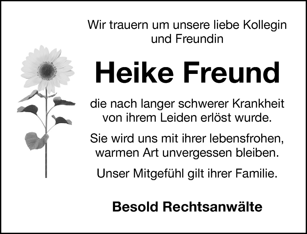  Traueranzeige für Heike Freund vom 16.11.2022 aus Schwabacher Tagblatt Lokal